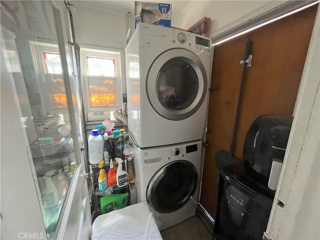 laundry room featuring laundry area and stacked washer / dryer