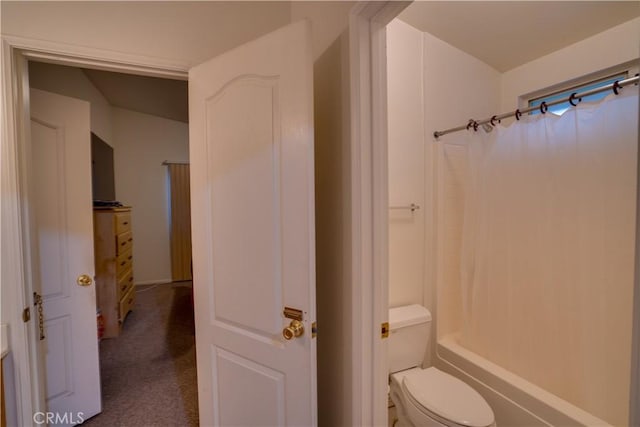 bathroom with toilet and shower / bathtub combination with curtain