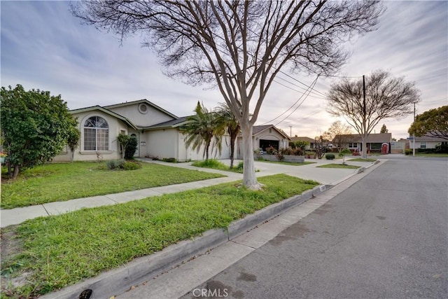 single story home featuring stucco siding and a front lawn