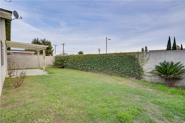 view of yard with a patio, a pergola, and a fenced backyard