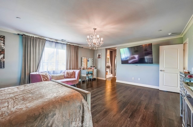 bedroom featuring wood finished floors, baseboards, visible vents, crown molding, and a notable chandelier