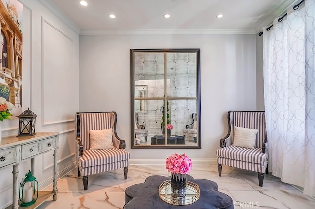 sitting room with recessed lighting, marble finish floor, crown molding, and baseboards