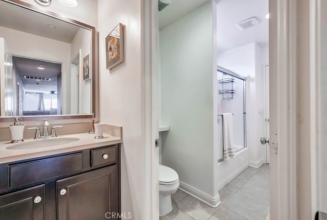 full bathroom featuring vanity, visible vents, tile patterned flooring, bathing tub / shower combination, and toilet