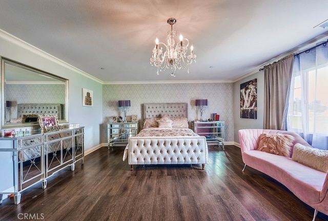 bedroom featuring wood finished floors, crown molding, wallpapered walls, baseboards, and a chandelier