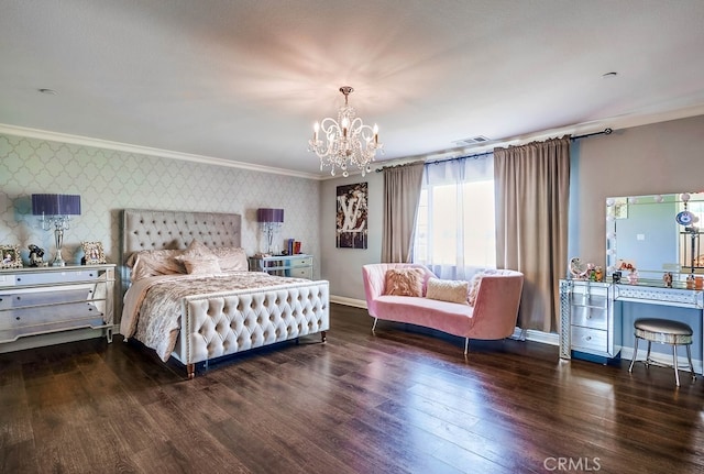 bedroom featuring visible vents, baseboards, ornamental molding, and wallpapered walls