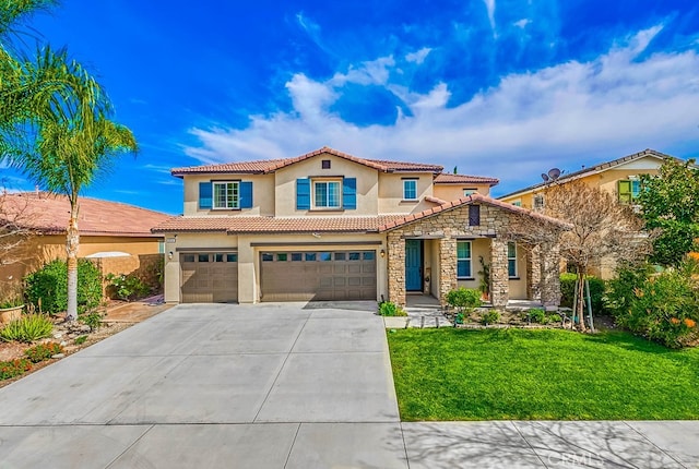 mediterranean / spanish-style home with stucco siding, a front lawn, stone siding, concrete driveway, and a garage