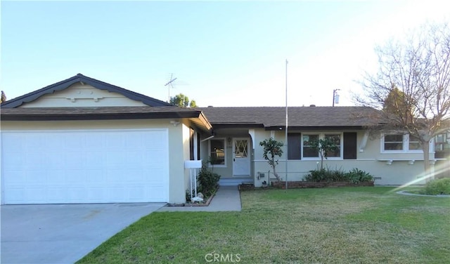 ranch-style home featuring stucco siding, driveway, a front lawn, and an attached garage