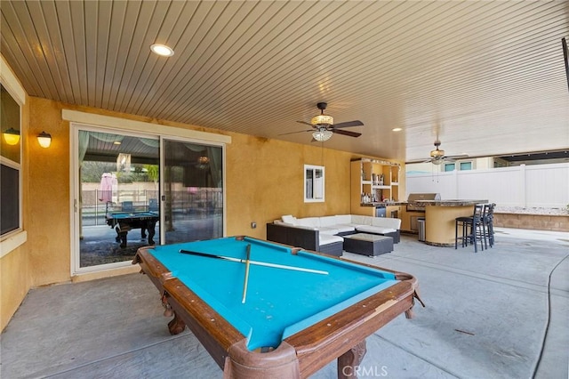 recreation room featuring pool table, recessed lighting, concrete floors, and a ceiling fan