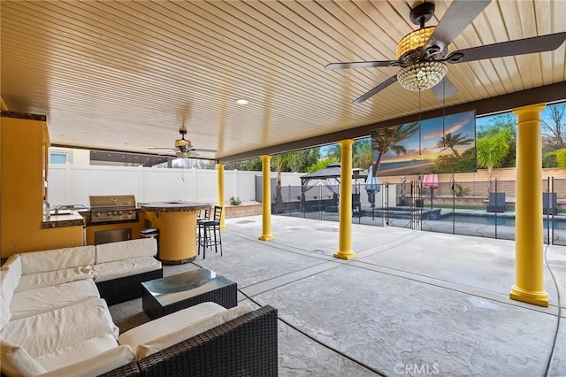 view of patio featuring a fenced in pool, an outdoor living space, a fenced backyard, an outdoor kitchen, and a grill