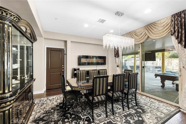 dining room with wood finished floors, visible vents, recessed lighting, pool table, and a chandelier