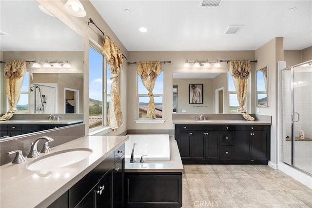 bathroom featuring a shower stall, two vanities, and a sink