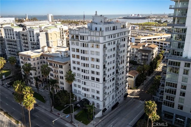 aerial view with a water view and a city view