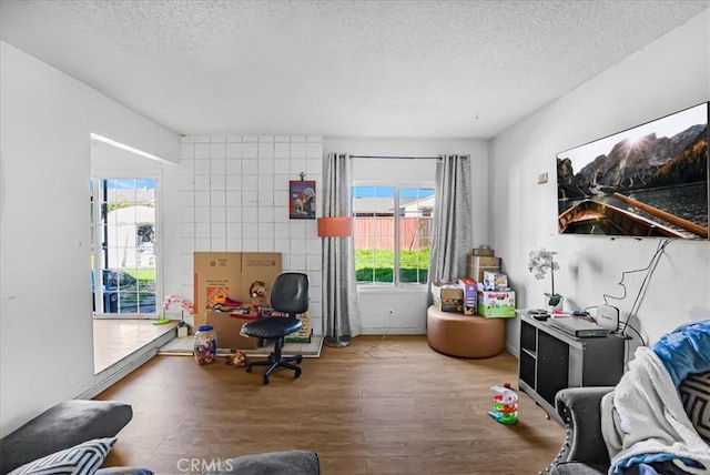 office area featuring wood finished floors and a textured ceiling