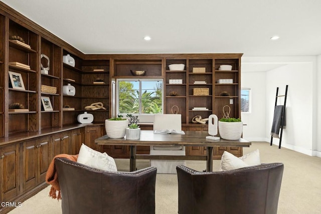 office with recessed lighting, light colored carpet, and baseboards