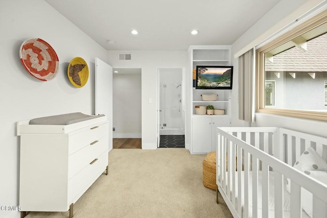 bedroom featuring light colored carpet, recessed lighting, visible vents, and baseboards