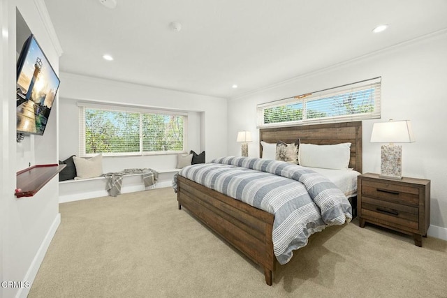 carpeted bedroom featuring recessed lighting, baseboards, and ornamental molding