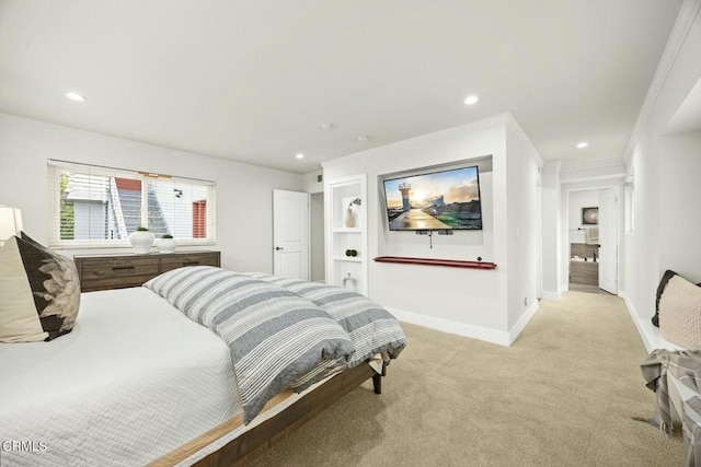 bedroom featuring recessed lighting, light colored carpet, and baseboards