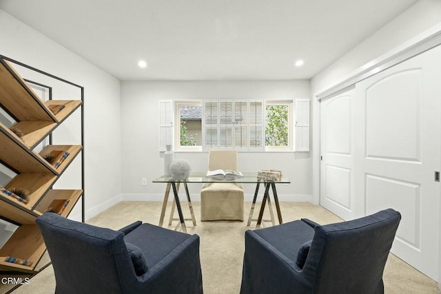 home office featuring recessed lighting, light colored carpet, and baseboards