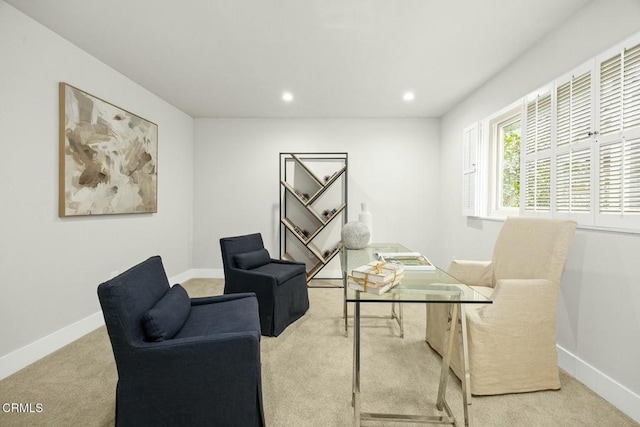 office area with recessed lighting, baseboards, and carpet floors