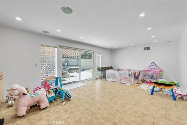 game room with recessed lighting and visible vents