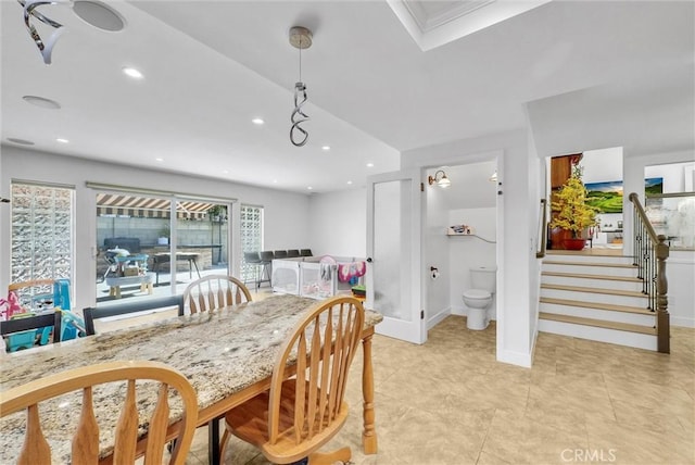 dining area featuring recessed lighting, stairway, and baseboards