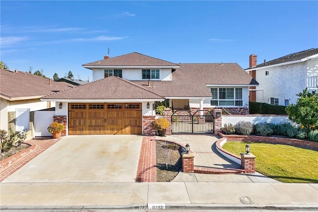 traditional home featuring a front yard, a gate, fence, an attached garage, and concrete driveway