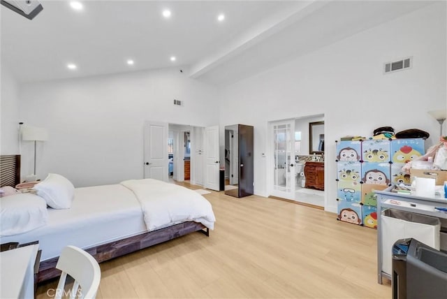 bedroom with visible vents, high vaulted ceiling, beam ceiling, light wood-style flooring, and recessed lighting