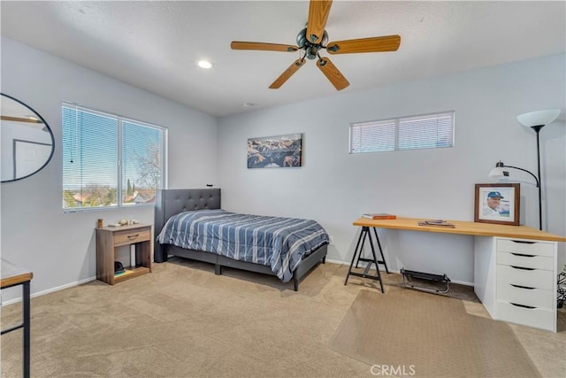 bedroom with carpet flooring, recessed lighting, a ceiling fan, and baseboards