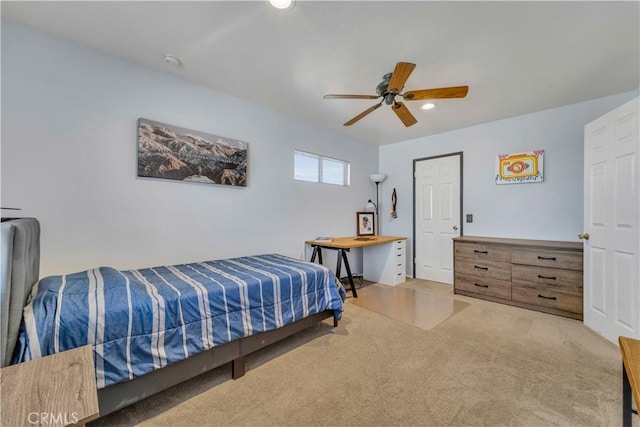 bedroom featuring recessed lighting, a ceiling fan, and carpet floors