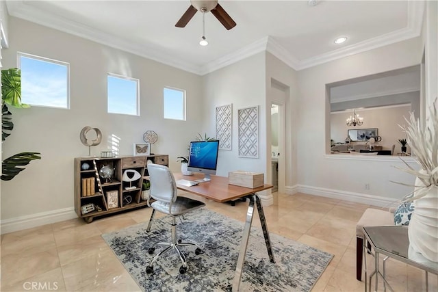 office space with ceiling fan with notable chandelier, recessed lighting, baseboards, and ornamental molding