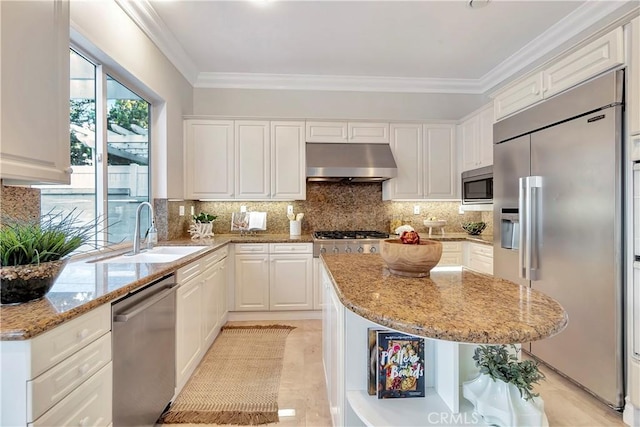 kitchen with under cabinet range hood, built in appliances, crown molding, and a sink