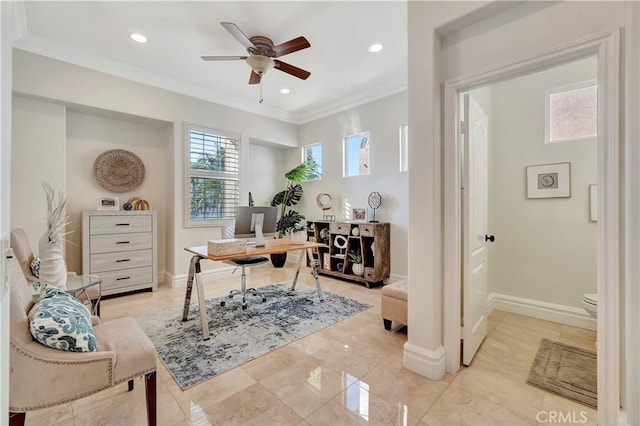 office space featuring recessed lighting, baseboards, ornamental molding, and a ceiling fan