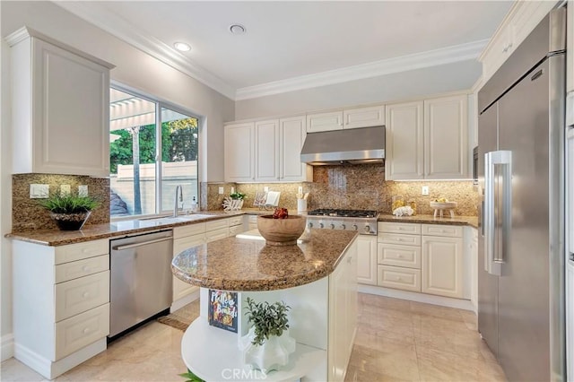 kitchen featuring ornamental molding, under cabinet range hood, dark stone counters, appliances with stainless steel finishes, and decorative backsplash