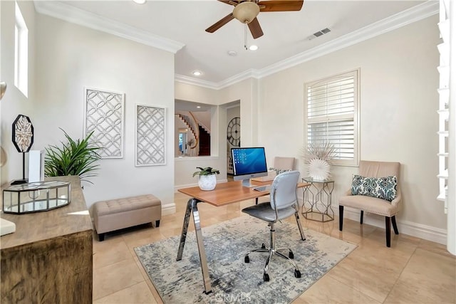 office space with light tile patterned floors, baseboards, visible vents, recessed lighting, and ornamental molding