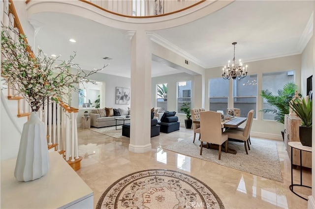 interior space with stairway, baseboards, decorative columns, a notable chandelier, and marble finish floor