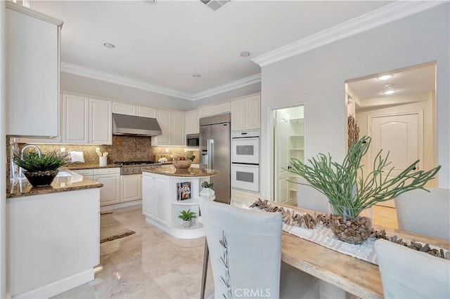 kitchen with backsplash, under cabinet range hood, dark stone counters, ornamental molding, and stainless steel appliances