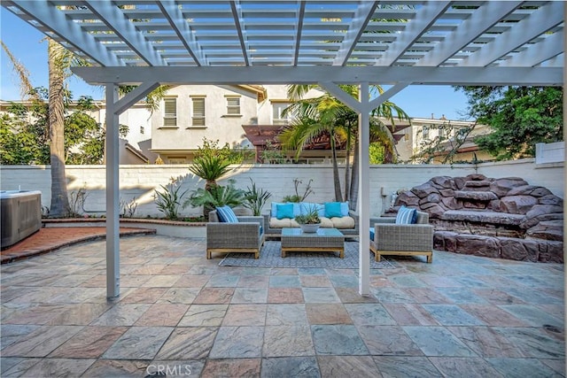 view of patio with an outdoor living space, a pergola, and fence