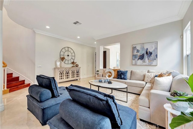 living area with visible vents, stairway, crown molding, and baseboards