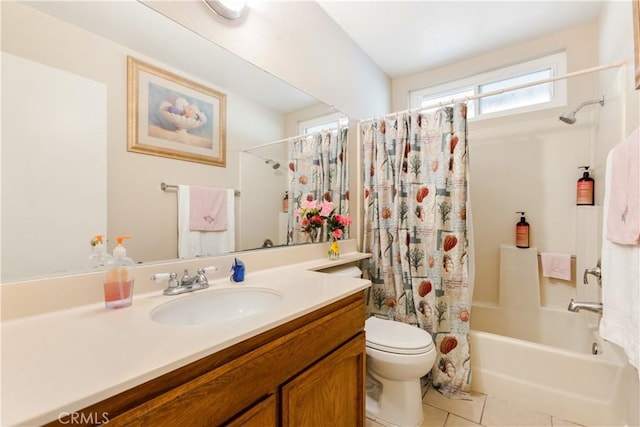 bathroom with tile patterned floors, shower / bath combination with curtain, toilet, and vanity