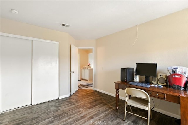 home office featuring visible vents, baseboards, and wood finished floors