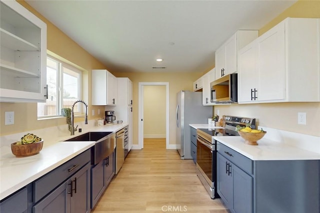 kitchen with white cabinetry, glass insert cabinets, appliances with stainless steel finishes, and a sink