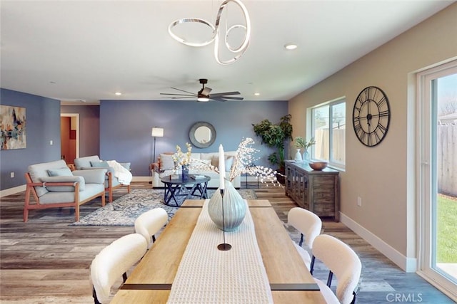 dining room featuring recessed lighting, baseboards, light wood-style flooring, and ceiling fan