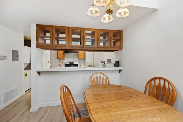 dining space featuring light wood finished floors, visible vents, an inviting chandelier, and electric panel