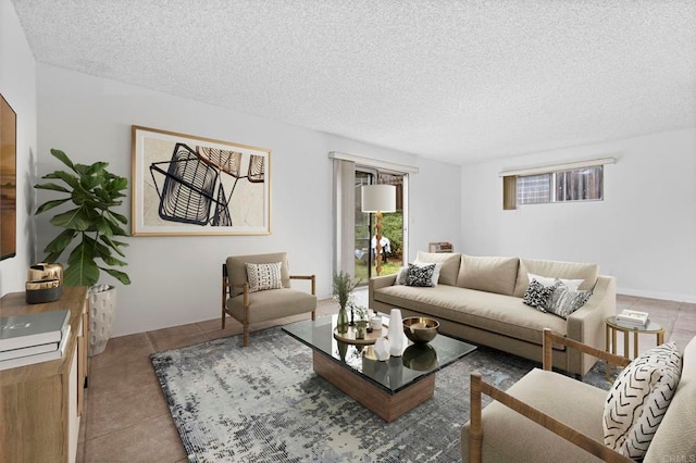 tiled living room with a textured ceiling