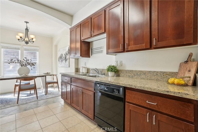 kitchen featuring light stone countertops, decorative light fixtures, dishwasher, arched walkways, and a sink