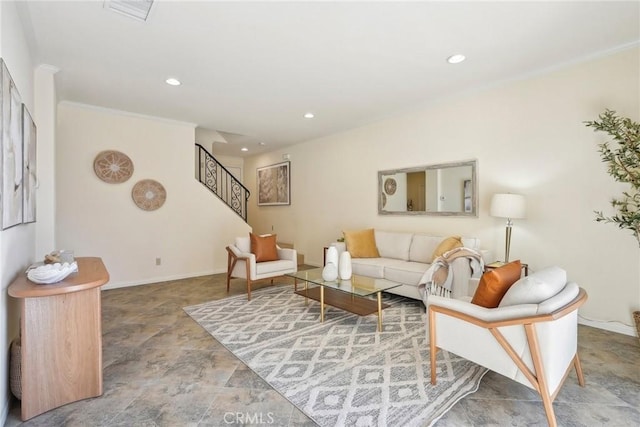 living area with stairs, recessed lighting, visible vents, and baseboards