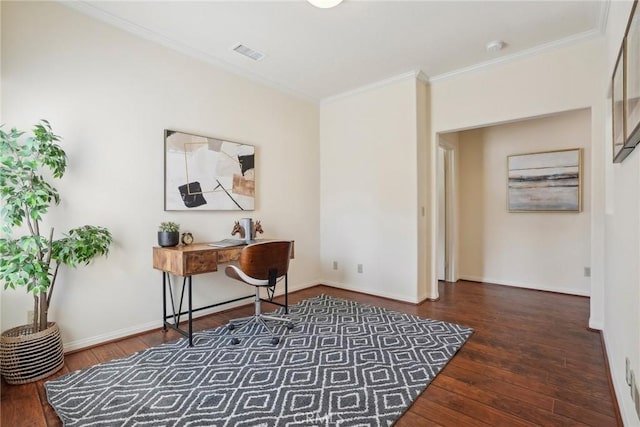 home office featuring crown molding, hardwood / wood-style flooring, baseboards, and visible vents