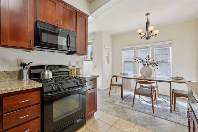 kitchen featuring crown molding, pendant lighting, light stone counters, a notable chandelier, and black appliances