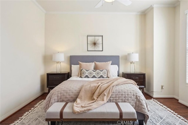 bedroom with ornamental molding, ceiling fan, baseboards, and wood finished floors