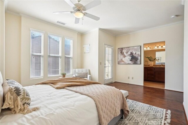 bedroom with access to exterior, visible vents, crown molding, baseboards, and wood finished floors